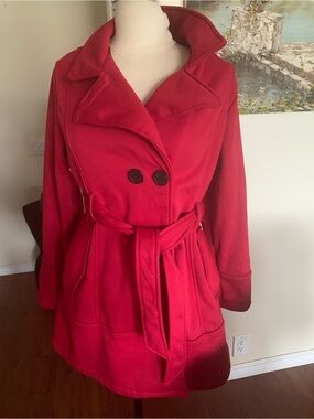 Big Chill Red Double-Breasted Belted Trench Coat